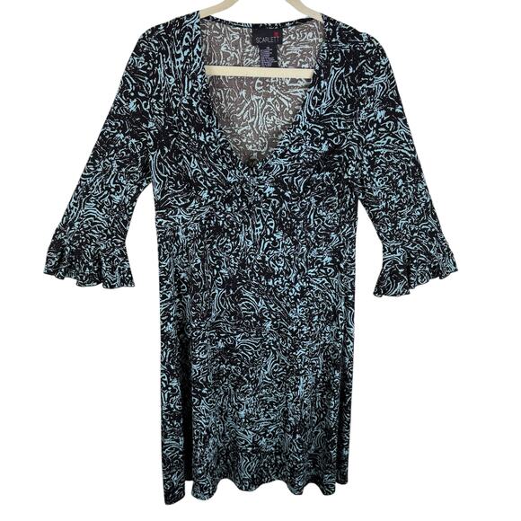 Scarlett Vintage Blue Black V-Neck 3/4 Sleeve Accordion Knee Length Dress Sz 14 - Picture 1 of 6